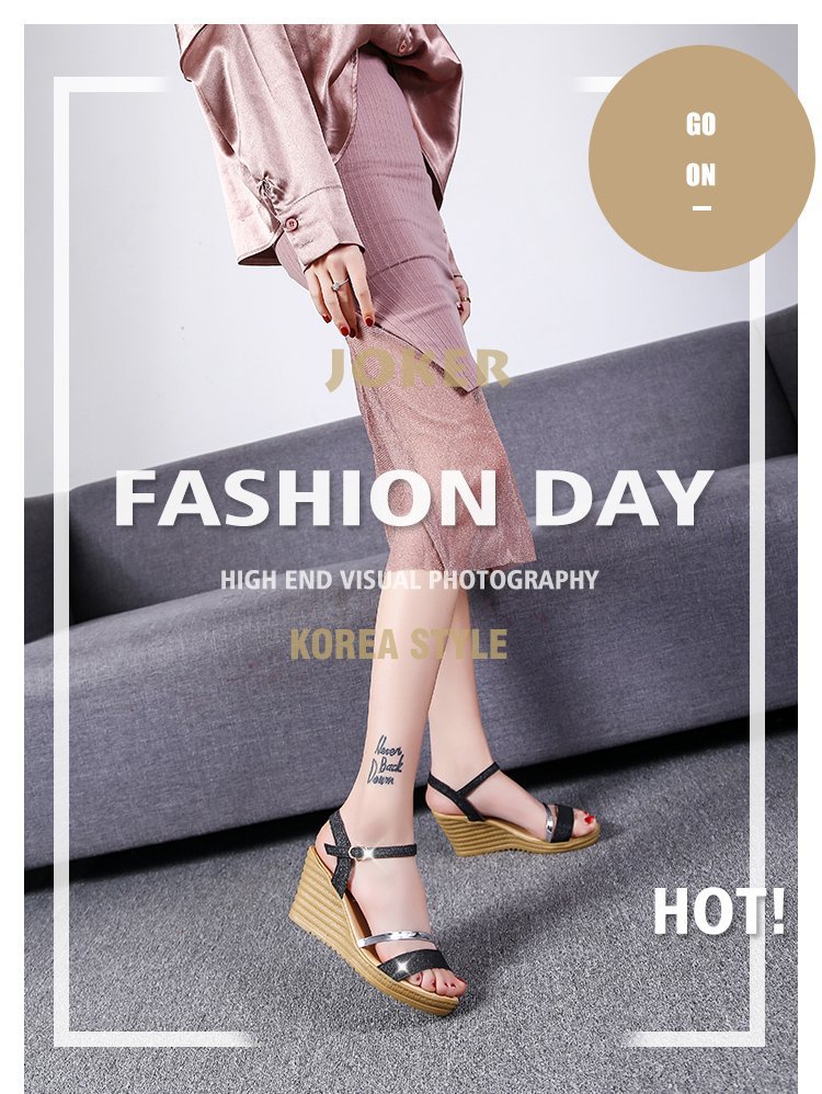 厚底坡跟凉鞋女2018夏季新款韩版时尚一字带罗马高跟鞋大码女
